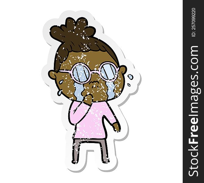 distressed sticker of a cartoon crying woman wearing spectacles