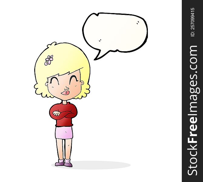 Cartoon Happy Woman With Folded Arms With Speech Bubble