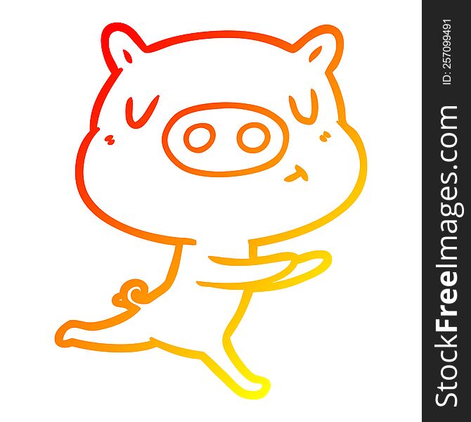 warm gradient line drawing of a cartoon content pig running