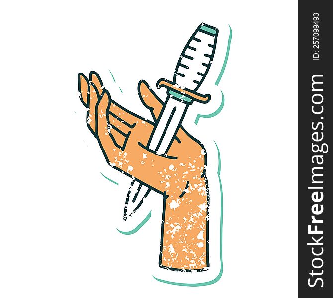 Distressed Sticker Tattoo Style Icon Of A Dagger In The Hand