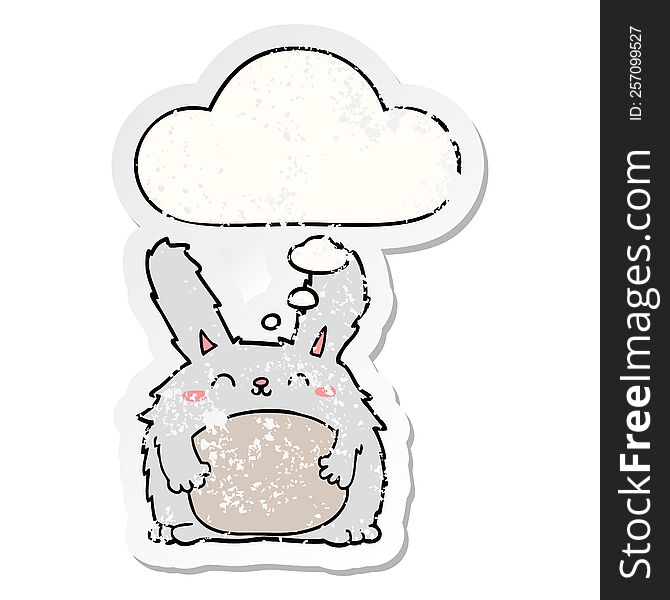 cartoon furry rabbit with thought bubble as a distressed worn sticker