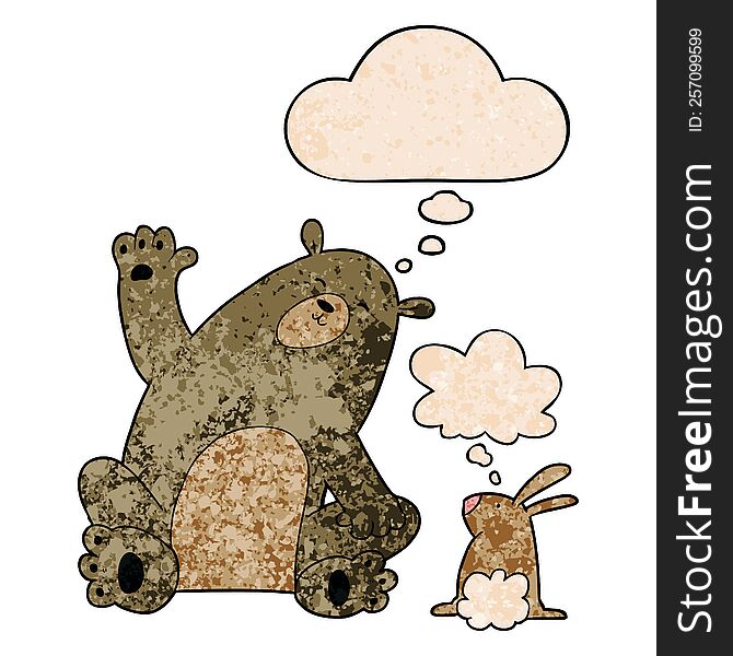 Cartoon Bear And Rabbit Friends And Thought Bubble In Grunge Texture Pattern Style