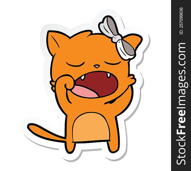 Sticker Of A Cartoon Yawning Cat