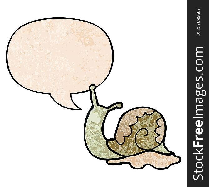 cartoon snail with speech bubble in retro texture style