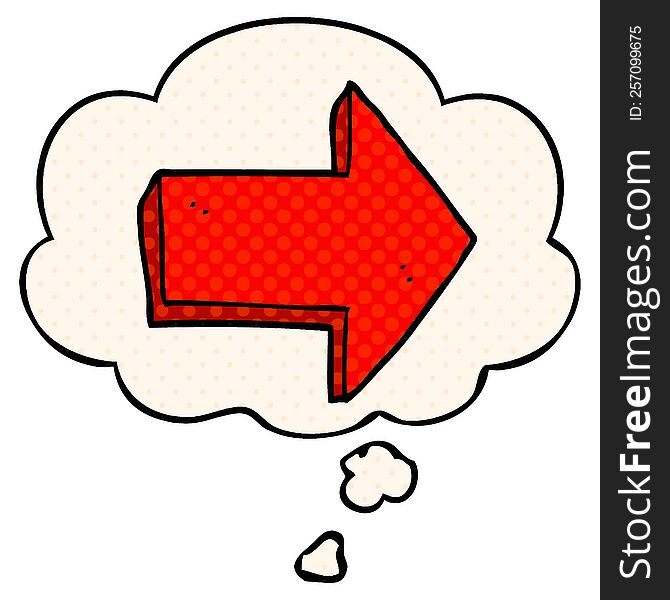 cartoon pointing arrow with thought bubble in comic book style