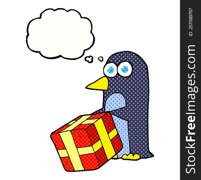 freehand drawn thought bubble cartoon penguin with christmas present