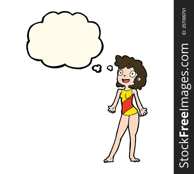 cartoon woman in swimming costume with thought bubble