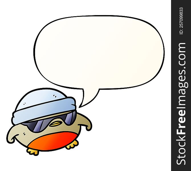 Cool Christmas Robin Cartoon And Sunglasses And Speech Bubble In Smooth Gradient Style