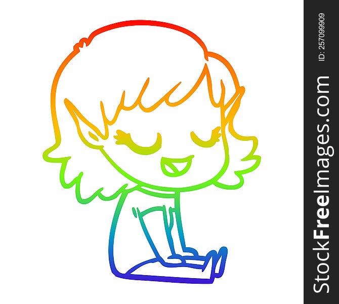 rainbow gradient line drawing of a happy cartoon elf girl sitting on floor