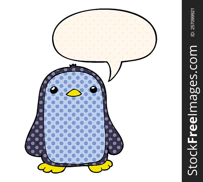 cute cartoon penguin with speech bubble in comic book style
