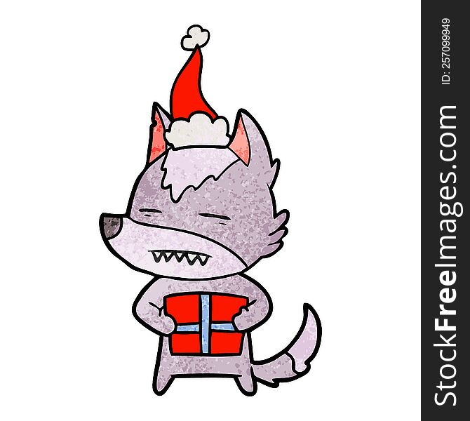 hand drawn textured cartoon of a wolf with a gift wearing santa hat