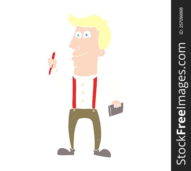 flat color illustration of a cartoon man with notebook and pen