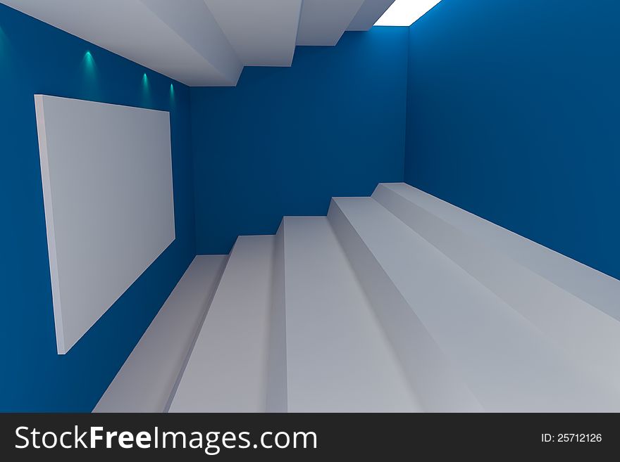 Abstract interior rendering with empty room color blue wall.