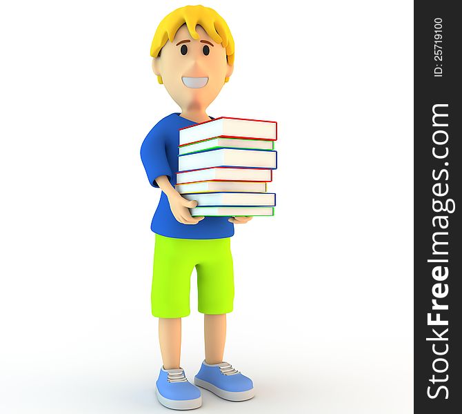 3d render cartoon school boy with books, on white. 3d render cartoon school boy with books, on white