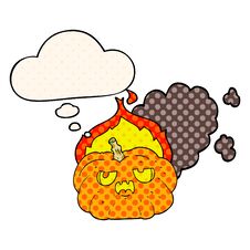 Cartoon Flaming Halloween Pumpkin And Thought Bubble In Comic Book Style Royalty Free Stock Photos