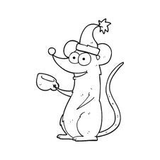 Black And White Cartoon Mouse Wearing Christmas Hat Stock Photo