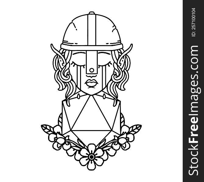 Black and White Tattoo linework Style sad elf fighter character with natural one d20 roll. Black and White Tattoo linework Style sad elf fighter character with natural one d20 roll