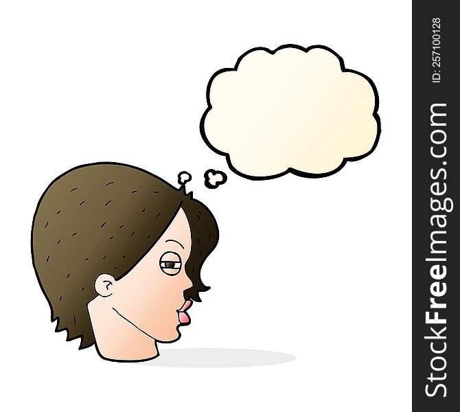 Cartoon Female Face With Narrowed Eyes With Thought Bubble
