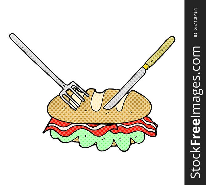 freehand drawn comic book style cartoon knife and fork cutting huge sandwich