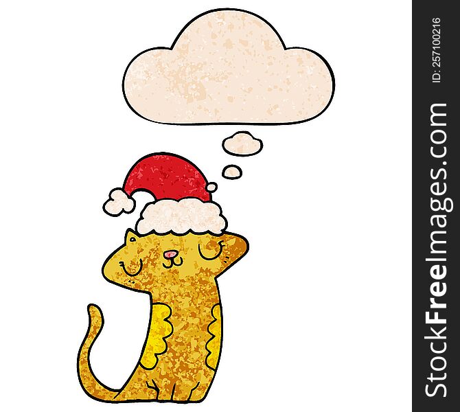 Cute Cartoon Cat Wearing Christmas Hat And Thought Bubble In Grunge Texture Pattern Style