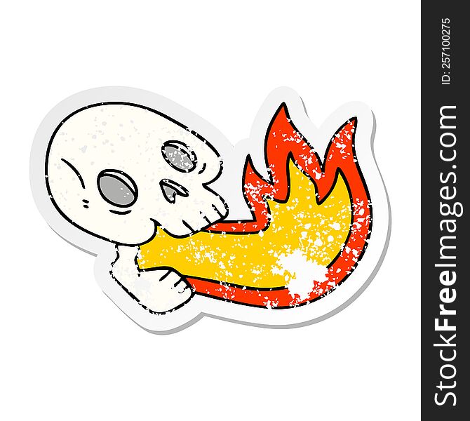 distressed sticker of a fire breathing quirky hand drawn cartoon skull