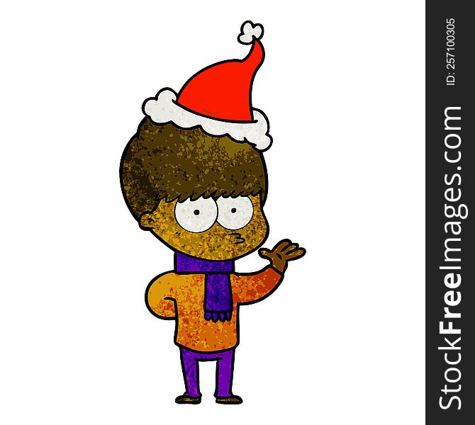 nervous hand drawn textured cartoon of a boy wearing santa hat. nervous hand drawn textured cartoon of a boy wearing santa hat