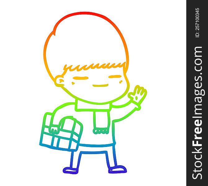 Rainbow Gradient Line Drawing Cartoon Smug Boy Carrying Present