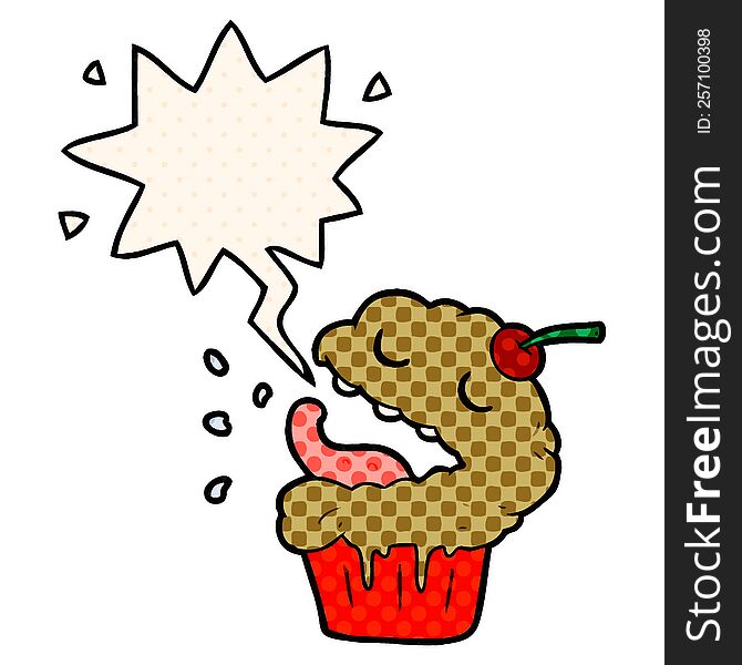 funny cartoon cupcake with speech bubble in comic book style