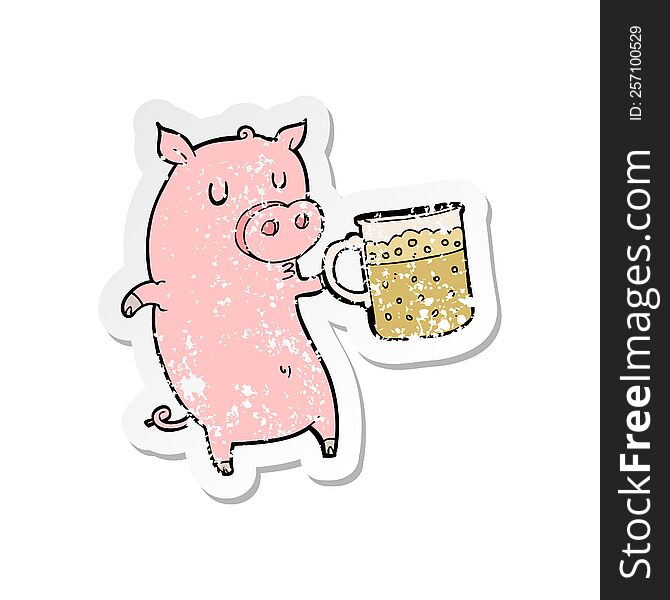 retro distressed sticker of a cartoon pig with beer