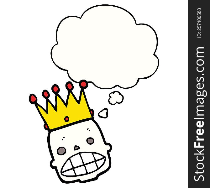 cartoon spooky skull face with crown with thought bubble