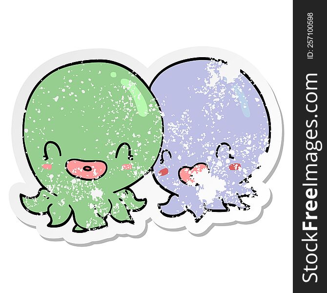 distressed sticker of a two cartoon octopi