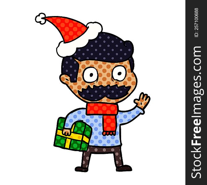 hand drawn comic book style illustration of a man with mustache and christmas present wearing santa hat