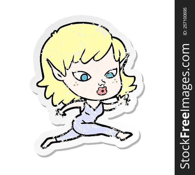 Distressed Sticker Of A Pretty Cartoon Elf Girl Running
