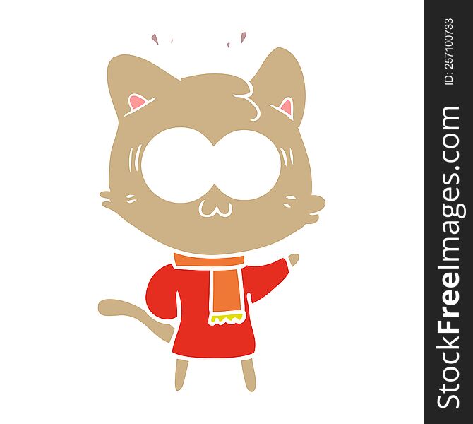 flat color style cartoon surprised cat wearing warm winter clothes