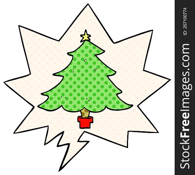 Cartoon Christmas Tree And Speech Bubble In Comic Book Style