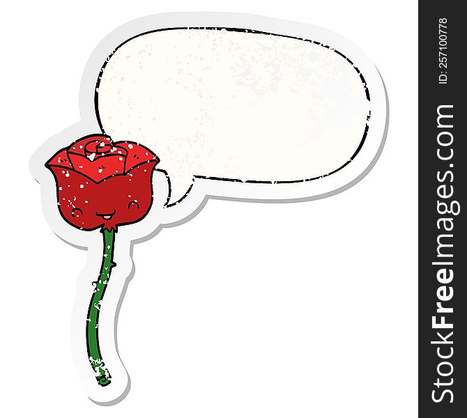 cartoon rose with speech bubble distressed distressed old sticker. cartoon rose with speech bubble distressed distressed old sticker