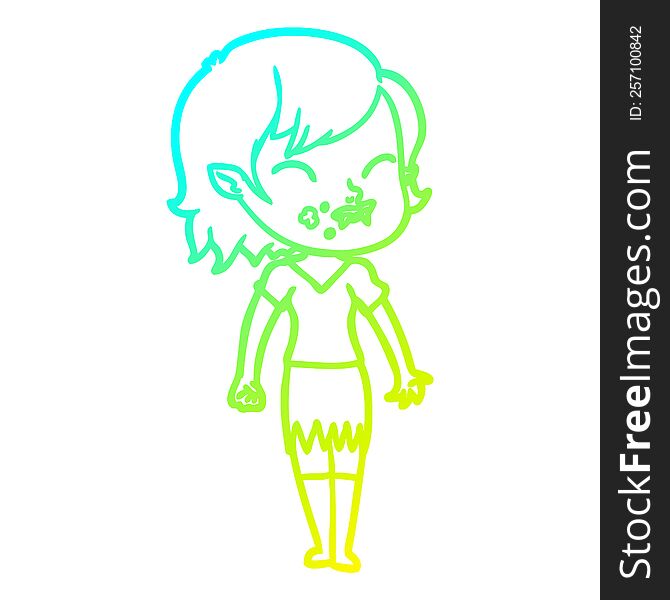 Cold Gradient Line Drawing Cartoon Vampire Girl With Blood On Cheek