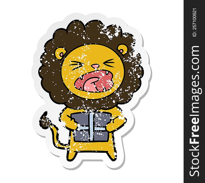 Distressed Sticker Of A Cartoon Lion With Christmas Present