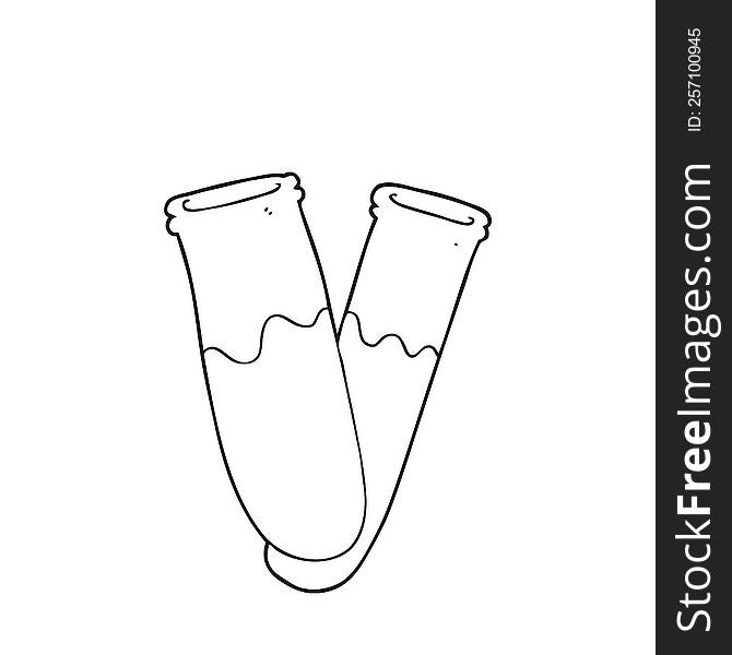 freehand drawn black and white cartoon chemicals in test tubes