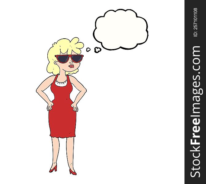 freehand drawn thought bubble cartoon woman wearing sunglasses