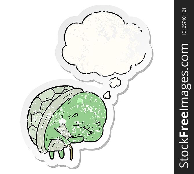 cute cartoon old turtle with thought bubble as a distressed worn sticker