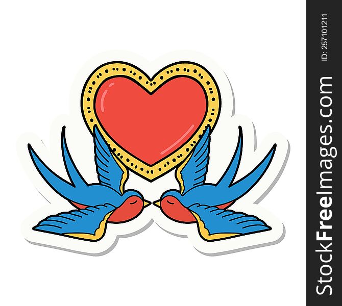 sticker of tattoo in traditional style of swallows and a heart. sticker of tattoo in traditional style of swallows and a heart