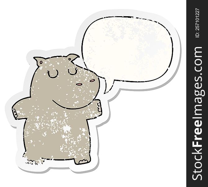 Cartoon Hippo And Speech Bubble Distressed Sticker