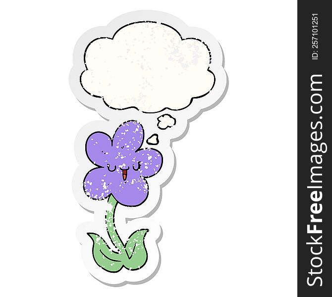 Cartoon Flower With Happy Face And Thought Bubble As A Distressed Worn Sticker