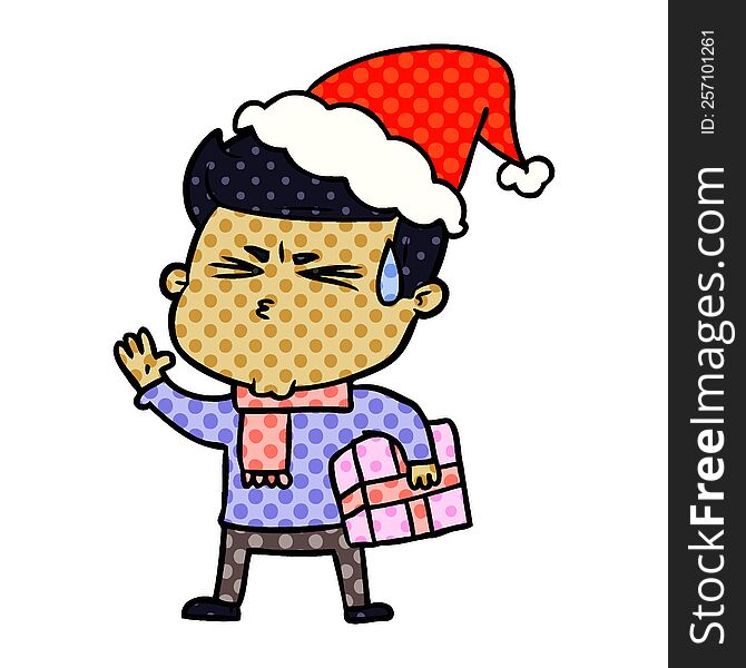 Comic Book Style Illustration Of A Man Sweating Wearing Santa Hat