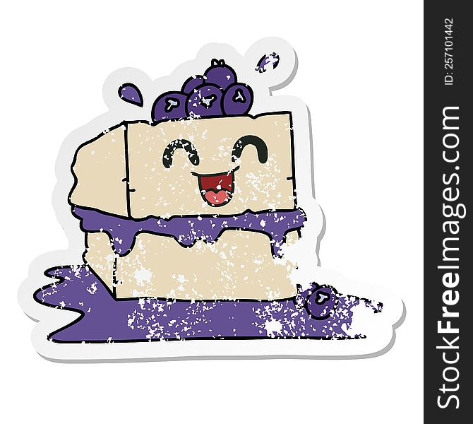 Distressed Sticker Of A Quirky Hand Drawn Cartoon Happy Cake Slice