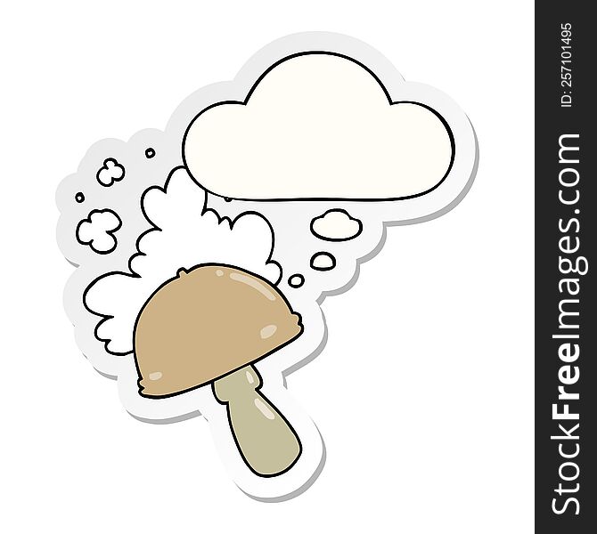 Cartoon Mushroom With Spore Cloud And Thought Bubble As A Printed Sticker
