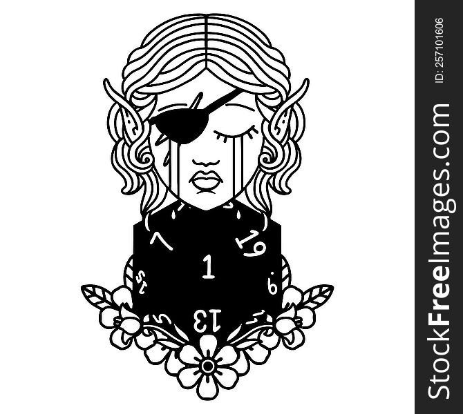 Black and White Tattoo linework Style crying elf rogue character face with natural one D20 roll. Black and White Tattoo linework Style crying elf rogue character face with natural one D20 roll