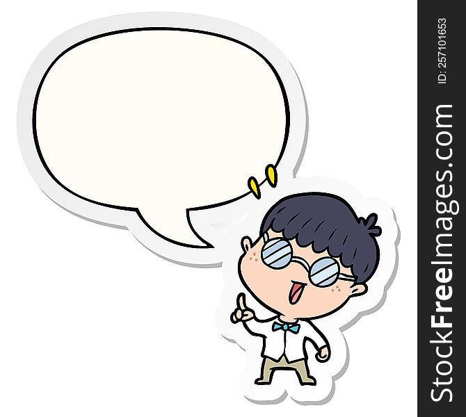 cartoon clever boy with idea with speech bubble sticker. cartoon clever boy with idea with speech bubble sticker