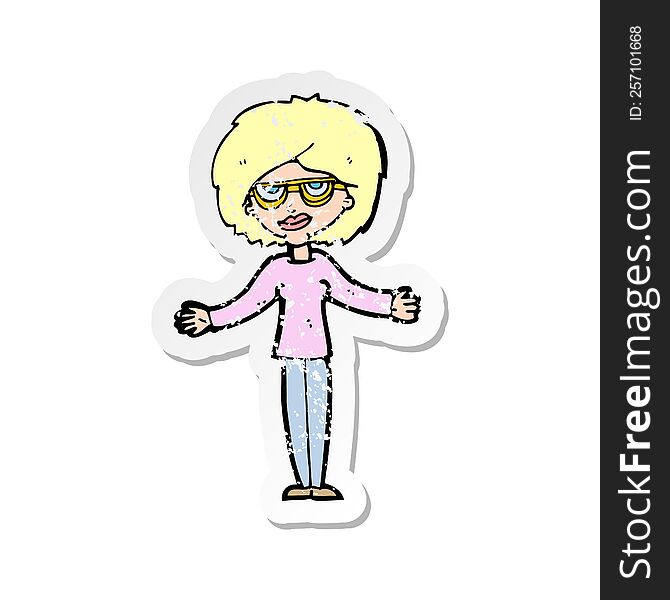 retro distressed sticker of a cartoon woman wearing spectacles